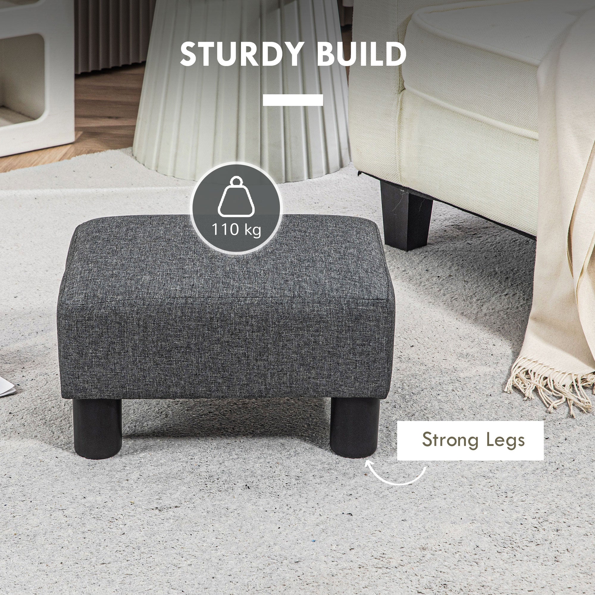 Small Ottoman Foot Rest, Foot Stool with Linen Fabric Upholstery and Plastic Legs, Cube Ottoman, Charcoal Gray