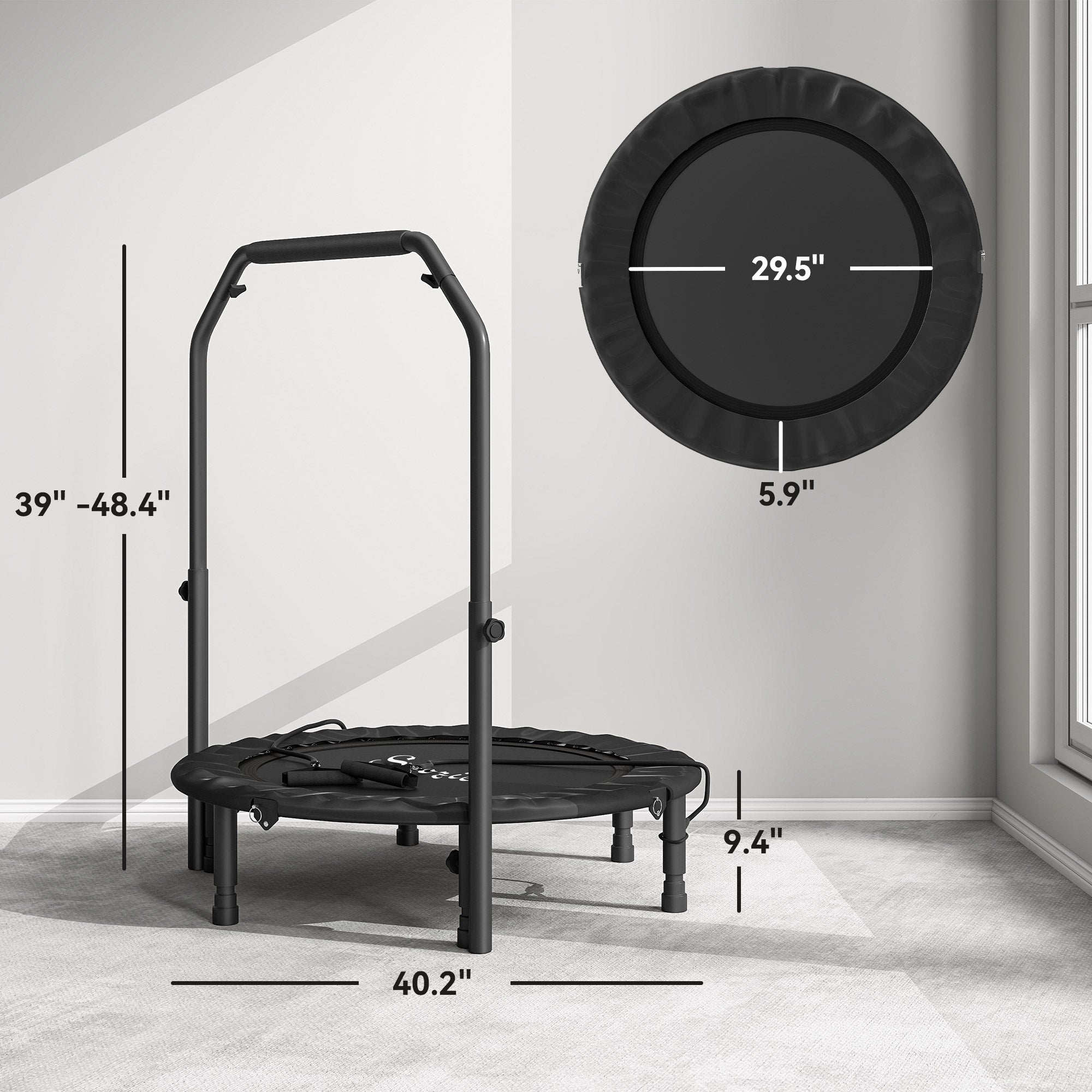 40" Foldable Mini Trampoline, Rebounder Trampoline for Adults with Adjustable Foam Handle, Black