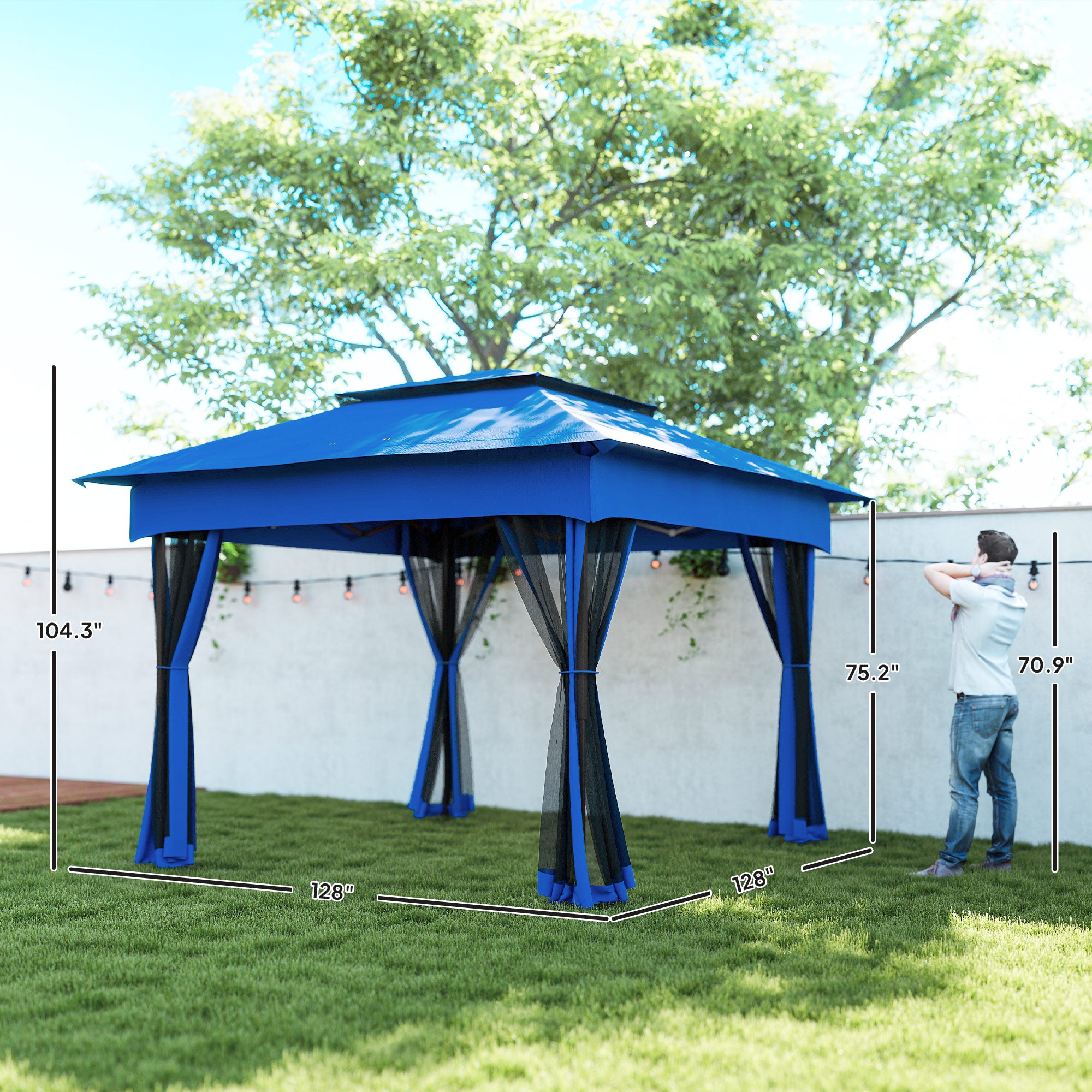 Outdoor Patio Pop Up Canopy Gazebo Shelter with Zipper Netting, Carry Bag, 11' x 11', Blue
