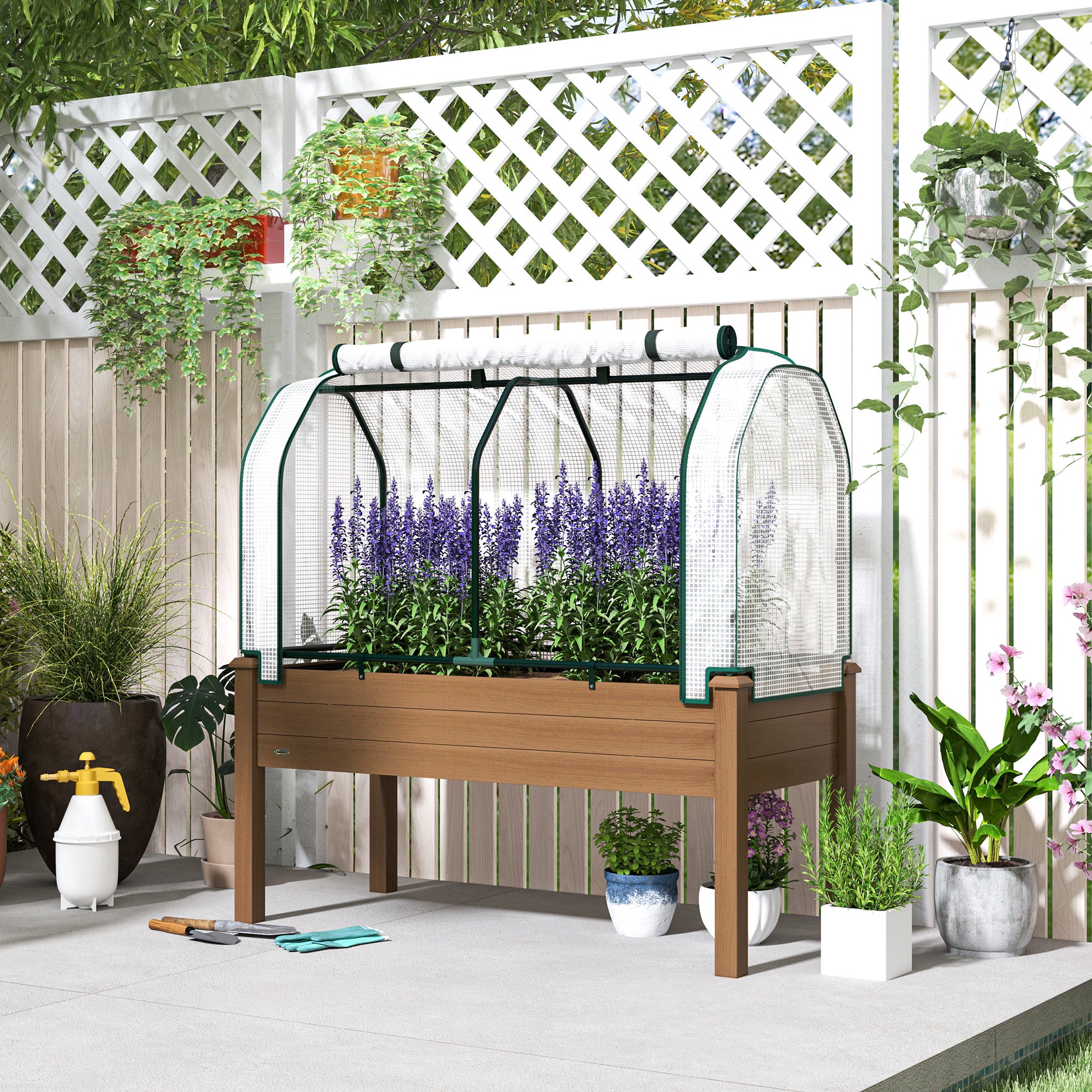 Raised Garden Bed with PE Greenhouse Cover Outdoor Planter Box for Herbs and Vegetables, 48 x 22 x 46 inch, Brown