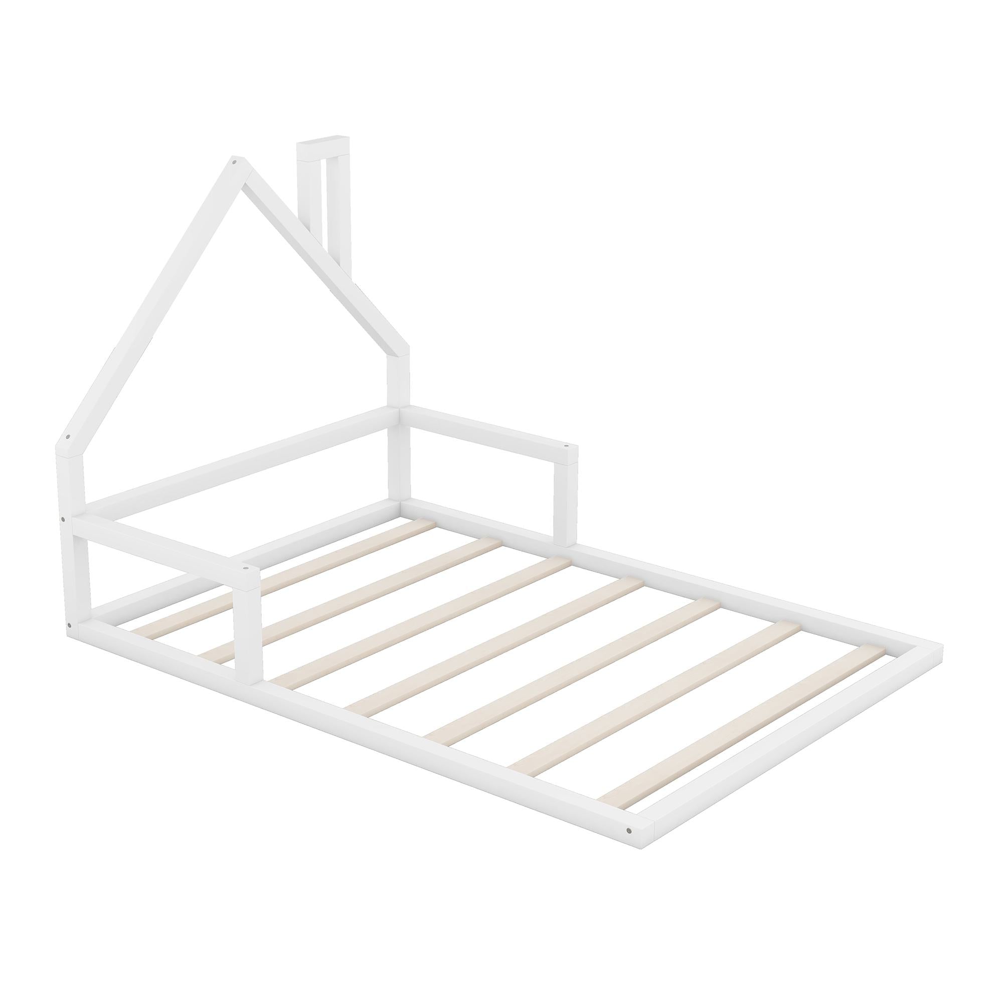 Full Size Wood Floor Bed with House-Shaped Headboard, Sturdy Pine Wood Construction, Easy Assembly, 78" L x 56.5" W x 46.5" H, White