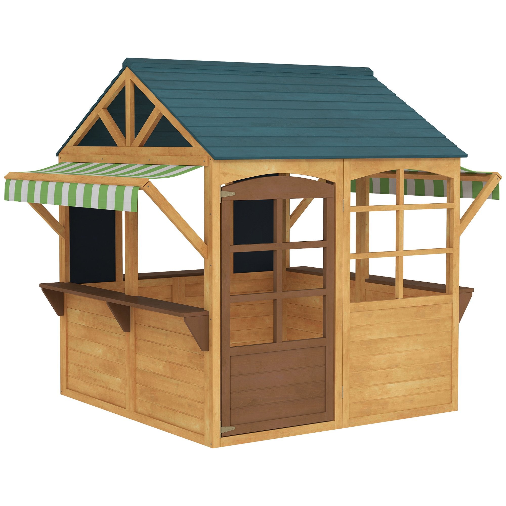 Wooden Outdoor Playhouse, Foldable Kids Cottage with Windows, Working Door, Snack Bars, Waterproof Covers, for 3-8 Years