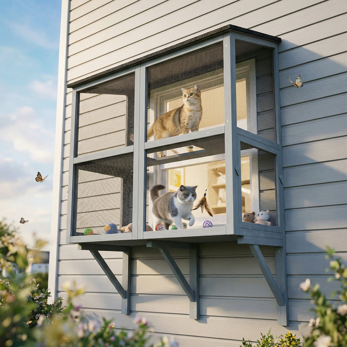 Catio Outdoor Cat Enclosure Outdoor Window Box Cat House with Waterproof Roof 39.4"L Gray