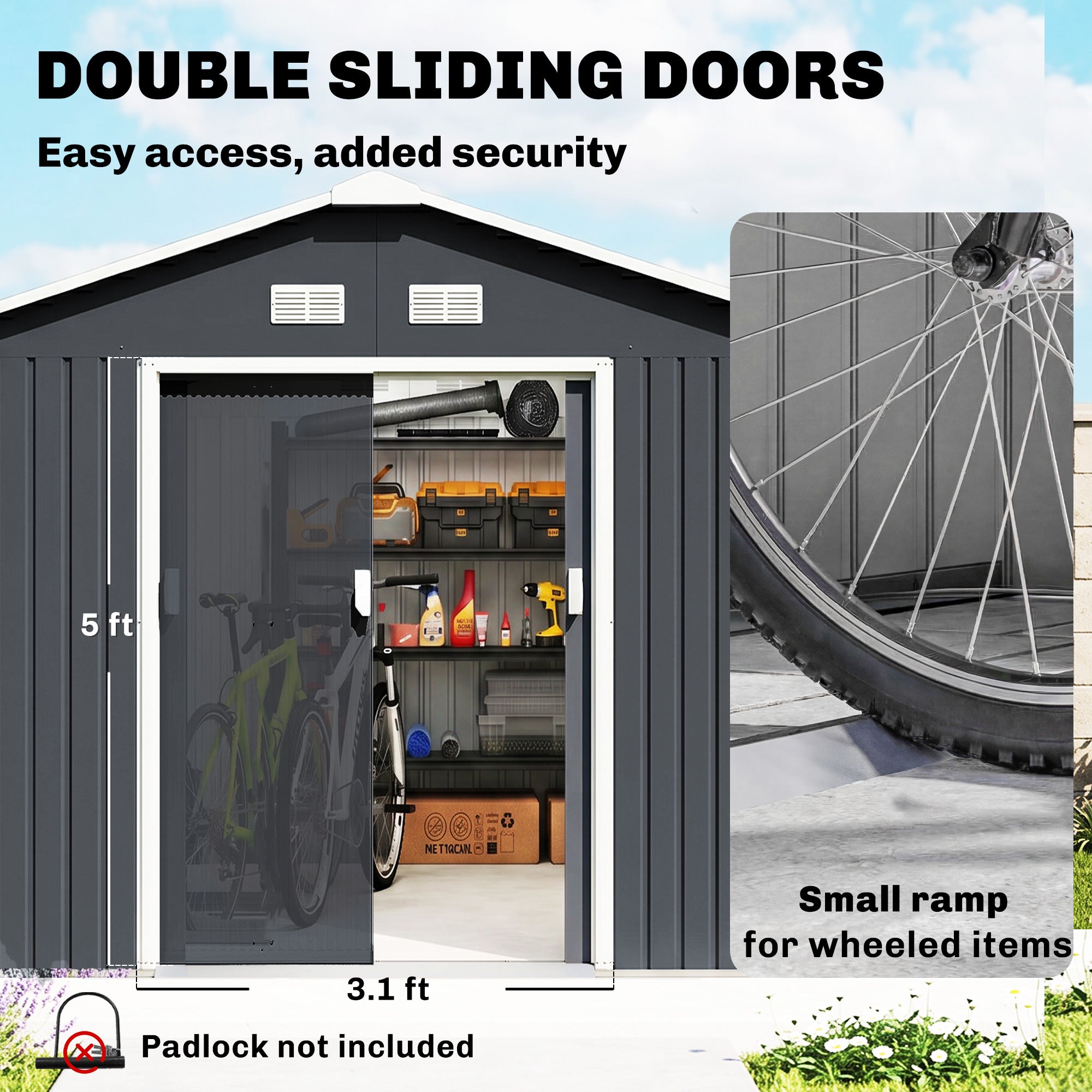 11' x 9' Outdoor Storage Shed, Garden Tool Metal Shed with Foundation Kit, Double Lockable Door, Air Vents and Sloping Roof, for Backyard, Patio, Lawn, Dark Gray