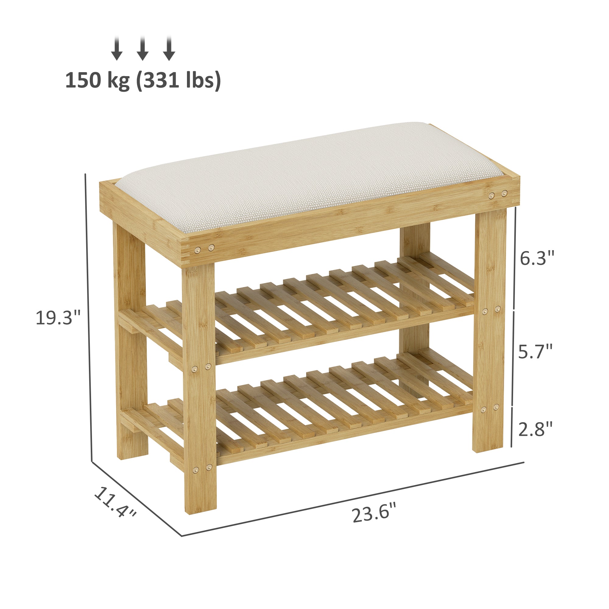 Bamboo Shoe Storage Bench, 3-Tier Entryway Bench with Cushion, Shoe Organizer for Entryway, Hallway, Natural