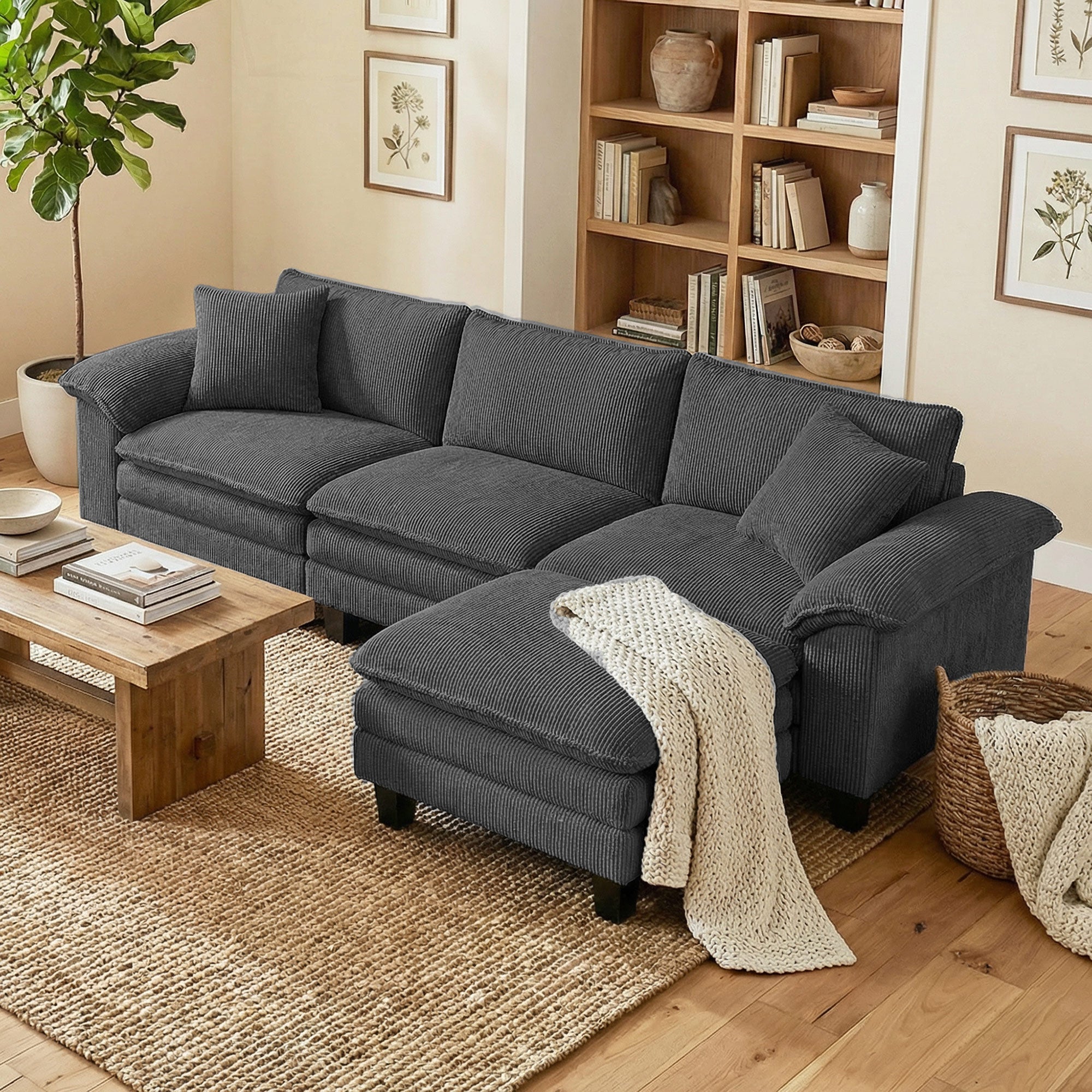 Sectional Sofa, L Shaped Couch with Deep Seat, Movable Ottoman and Pillow-top Armrests, Dark Gray
