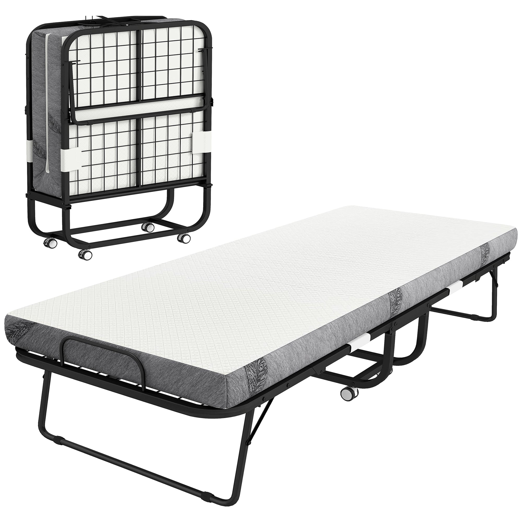 Folding Bed with Mattress for Adults, Long Twin Size, Portable Foldable Bed with 4" Foam Mattress & Space-Saving Steel Frame, 79" x 35", Fold Up, Roll Away & Hideaway, White