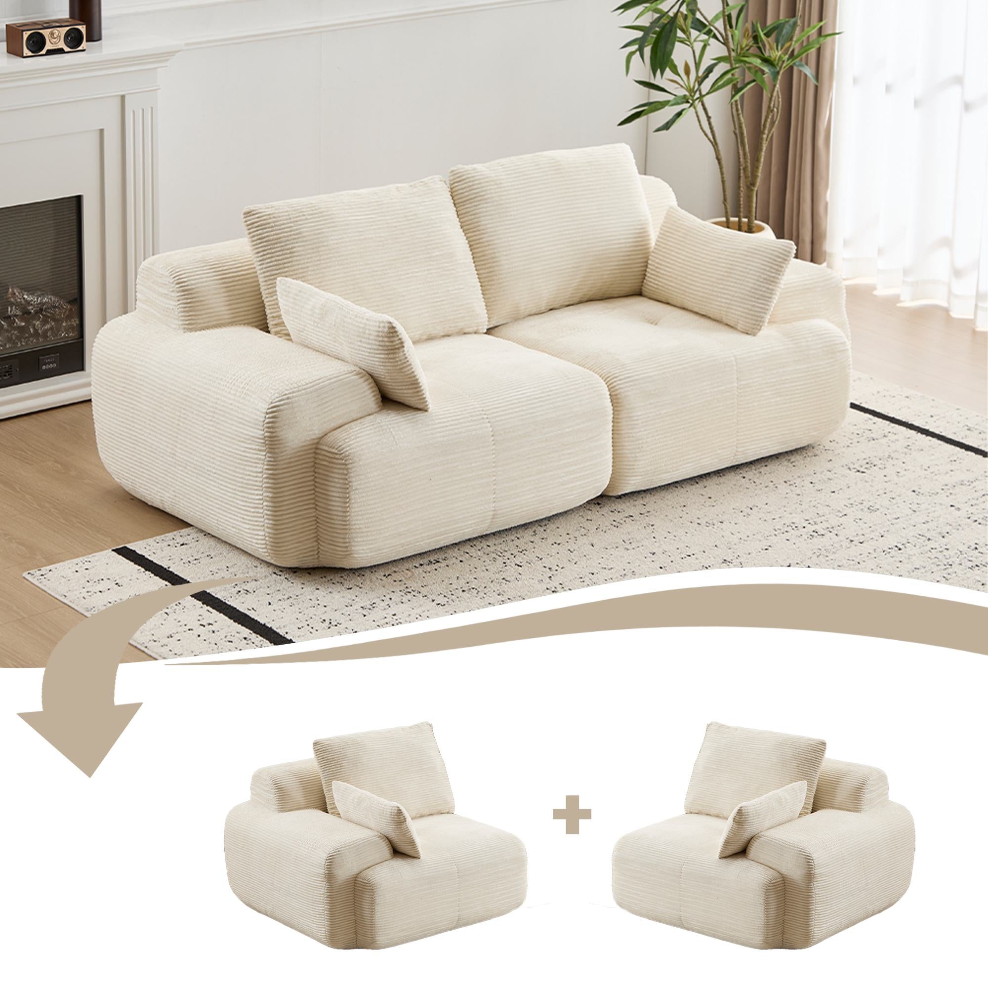 Compressed Sofa 2-Seater Large Sectional Couch with Pet-Friendly Corduroy Fabric, Two Seater Couch Memory Foam Sofa for Living Room, 84" L x 41" W x 28.5" H, Beige