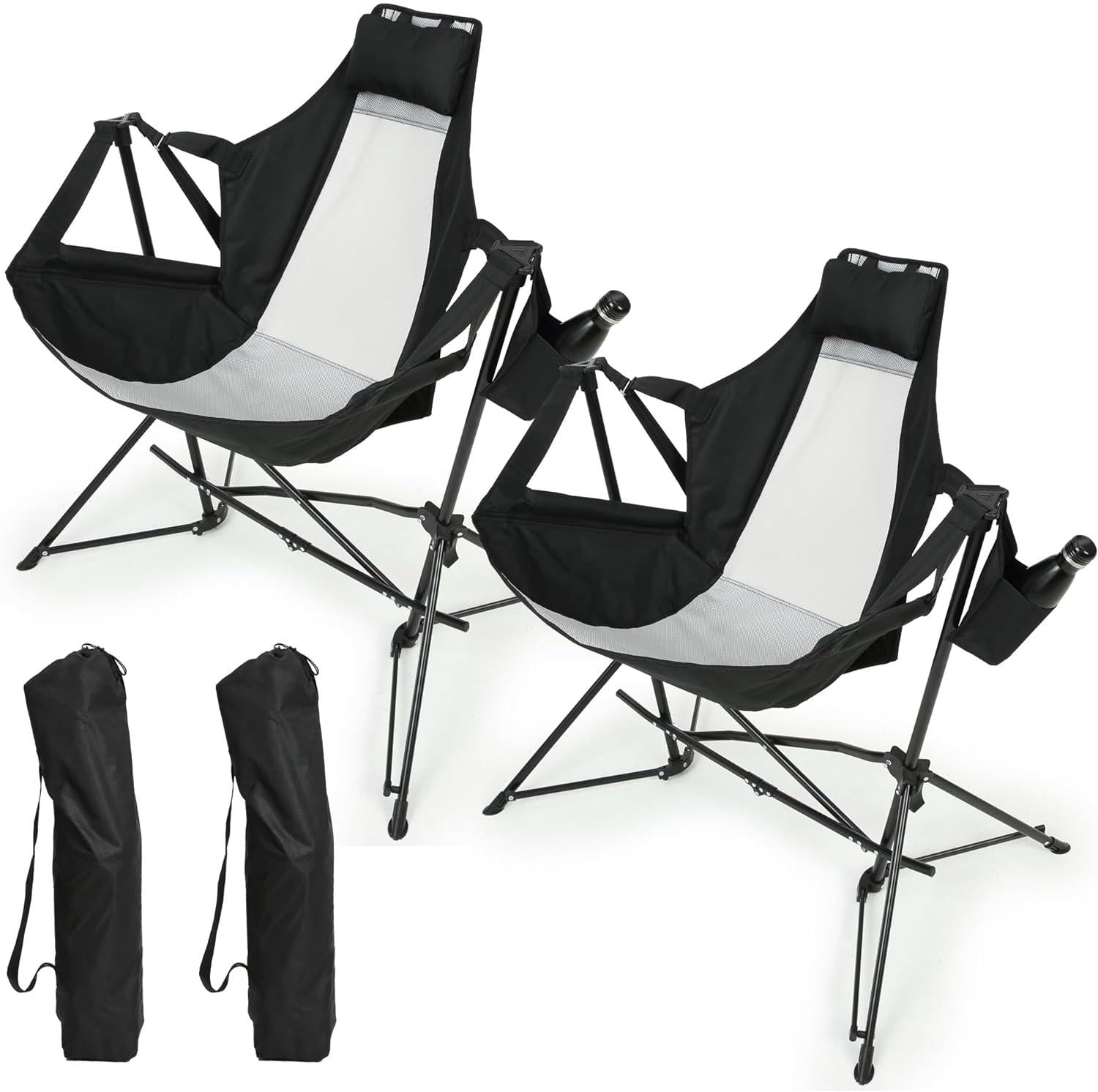 2-Piece Set Hammock Camping Chair with Adjustable Back and Pillow, Carry Bag, Aluminum Alloy Recliner with Cup Holder for Outdoor Travel, 35" L x 38" W x 42" H, Black