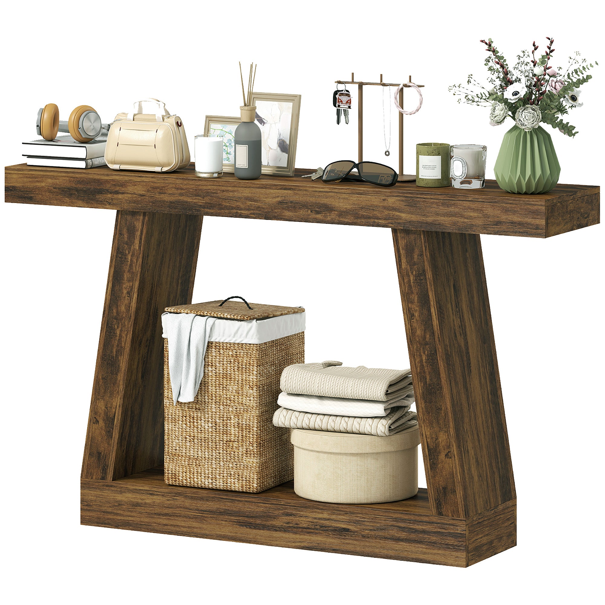 55" Farmhouse Console Table, 2-Tier Entryway Table with Storage for Hallway, Living Room, Behind Couch, Rustic Brown
