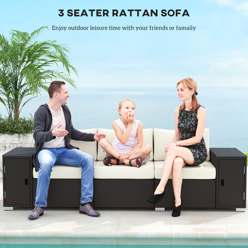3 Seater Wicker Outdoor Couch Patio Sofa with Storage, Thickened Cushions and Wide Armrests for Porch Yard, Cream White