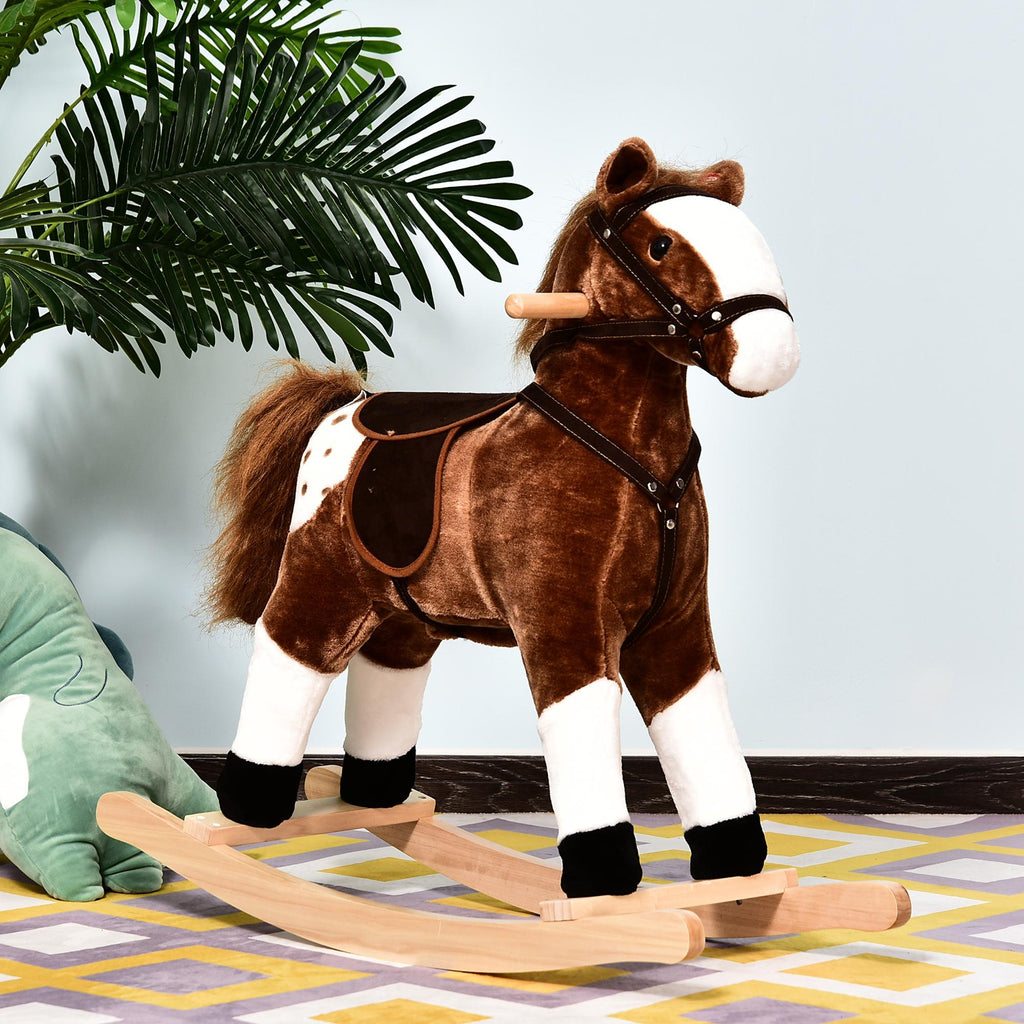 Kids Plush Toy Rocking Horse Pony Toddler Ride on Animal for Girls Pink Birthday Gifts with Realistic Sounds, Brown