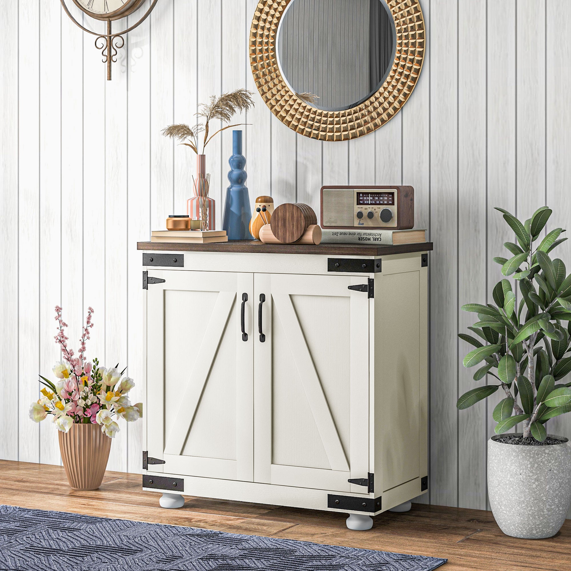 Kitchen Sideboard, Buffet Cabinet with Barn Door and Adjustable Shelf, Distressed White