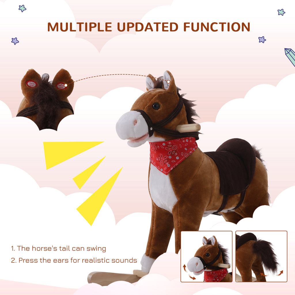 Kids Ride on Rocking Horse Plush Toy with Realistic Sounds and Red Scarf for Over 3 Years Old Birth Gift