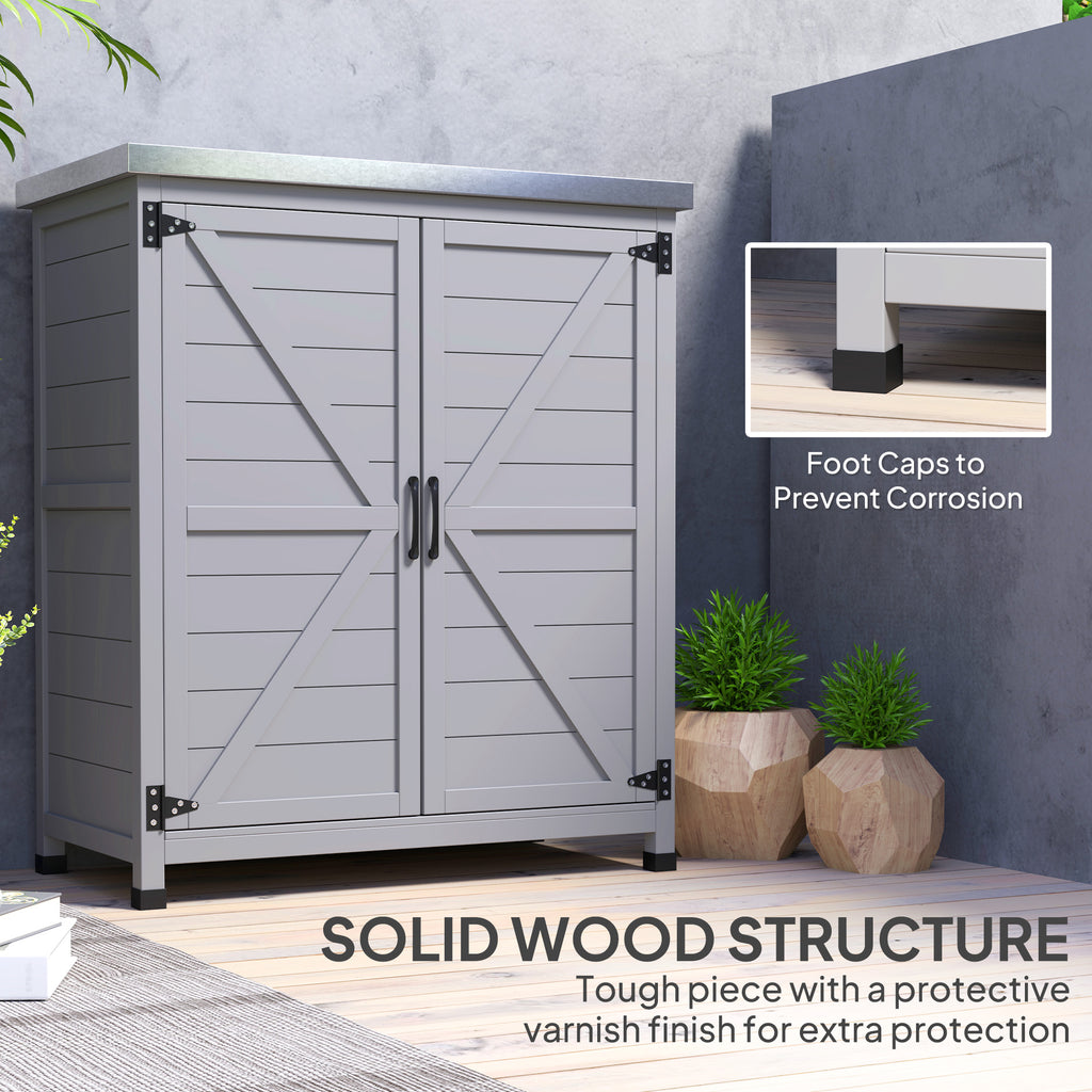 Wooden Storage Cabinet, Outdoor Prep Table with Metal Tabletop, Shelves and Double Doors for Patio, Garden, Gray