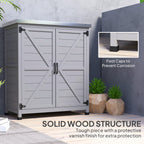 Wooden Storage Cabinet, Outdoor Prep Table with Metal Tabletop, Shelves and Double Doors for Patio, Garden, Gray