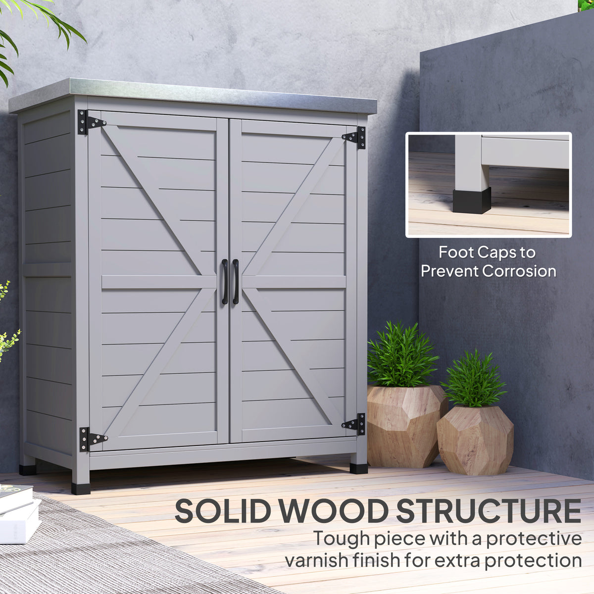 Wooden Storage Cabinet, Outdoor Prep Table with Metal Tabletop, Shelves and Double Doors for Patio, Garden, Gray