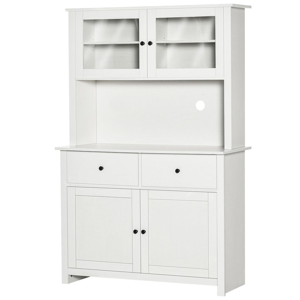 63.5" Kitchen Buffet with Hutch, Pantry Storage Cabinet with 4 Shelves, Drawers, Framed Glass Doors, Open Microwave Countertop, Antique White