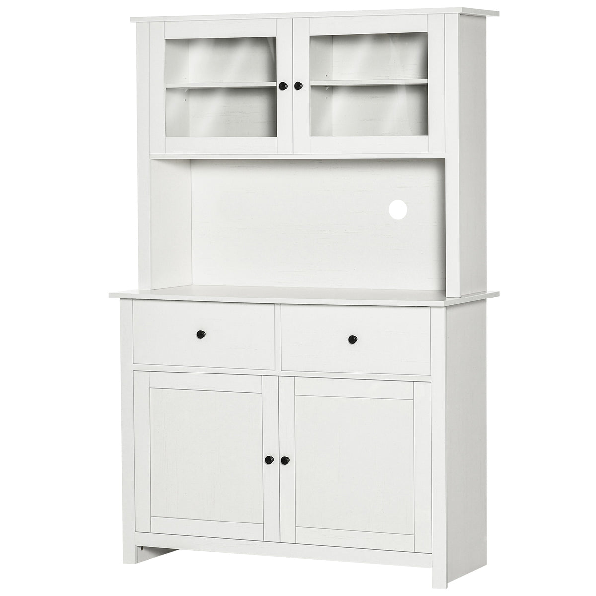 63.5" Kitchen Buffet with Hutch, Pantry Storage Cabinet with 4 Shelves, Drawers, Framed Glass Doors, Open Microwave Countertop, Antique White