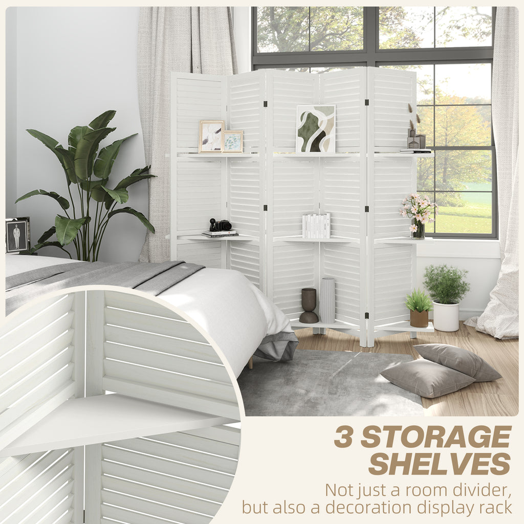 5 Panel 67" Tall Wood Privacy Screen Room Divider with 3 Shelves and Folding Storage for Bedroom, White