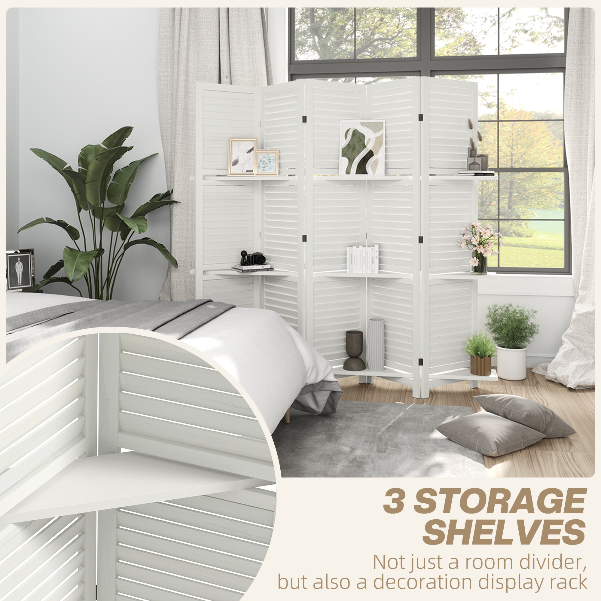 5 Panel 67" Tall Wood Privacy Screen Room Divider with 3 Shelves and Folding Storage for Bedroom, White