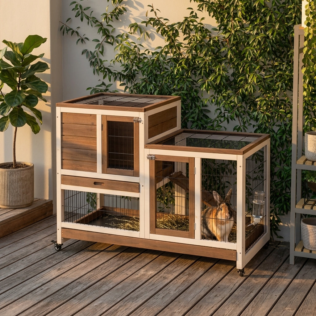 Wooden Rabbit Hutch Elevated Bunny Cage Indoor Small Animal Habitat with Enclosed Run with Wheels, Ramp, Removable Tray for Rabbits, Chickens, Ducks, Guinea Pigs, Brown