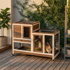 Wooden Rabbit Hutch Elevated Bunny Cage Indoor Small Animal Habitat with Enclosed Run with Wheels, Ramp, Removable Tray for Rabbits, Chickens, Ducks, Guinea Pigs, Brown