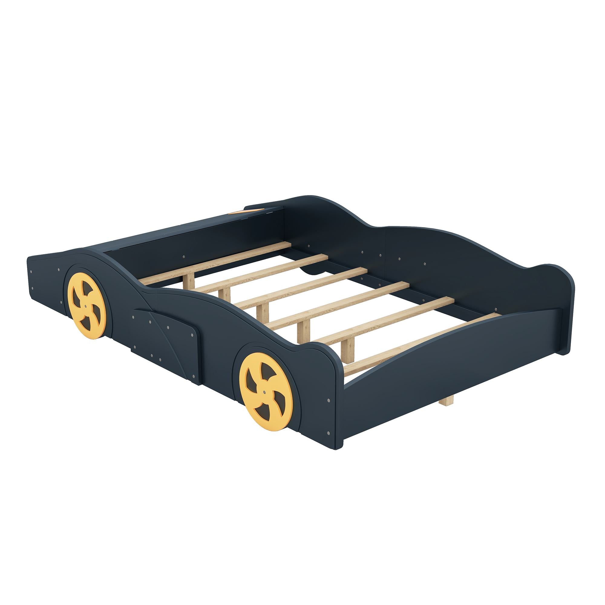 Full Size Race Car-Shaped Platform Bed with Wheels and Storage, Solid Wood and MDF, 90.5" L x 55" W x 15.5" H, Dark Blue