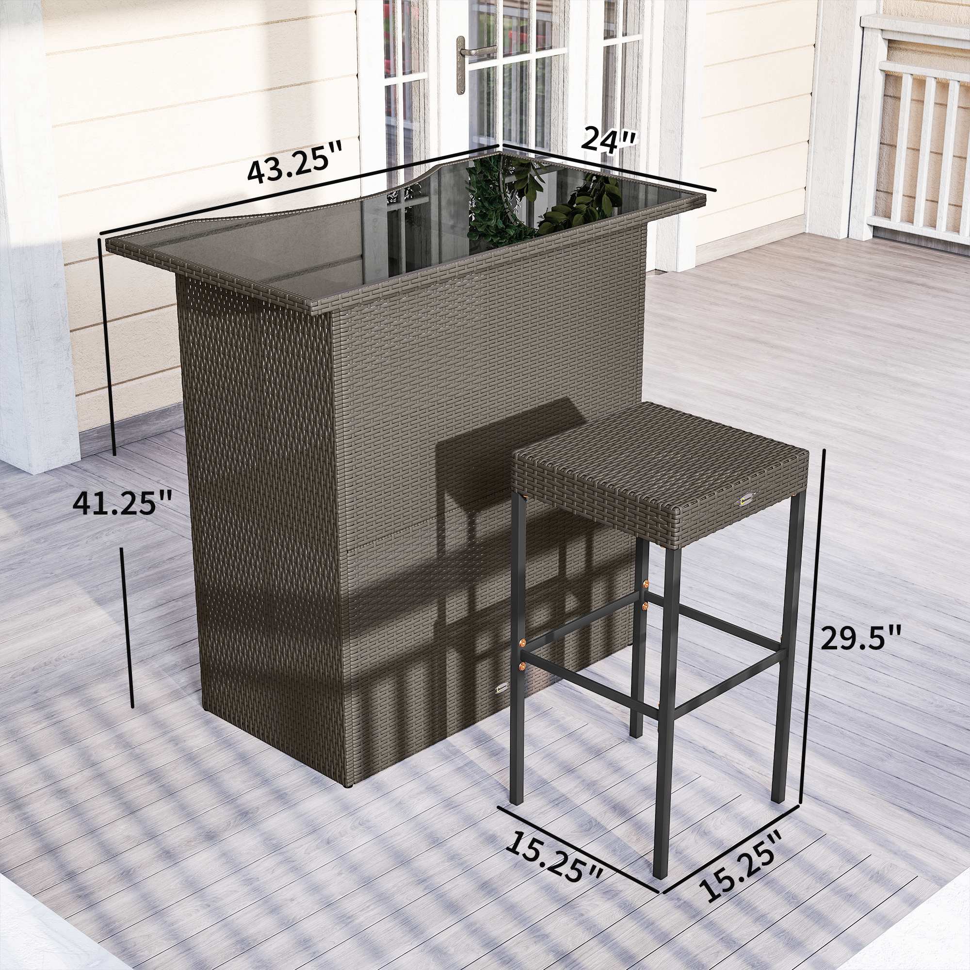 5 Piece Rattan Wicker Bar Set, High Top Outdoor Table and Chairs, Bar Height Patio Set, 2 Shelves & 4 Bar Stools, Brown
