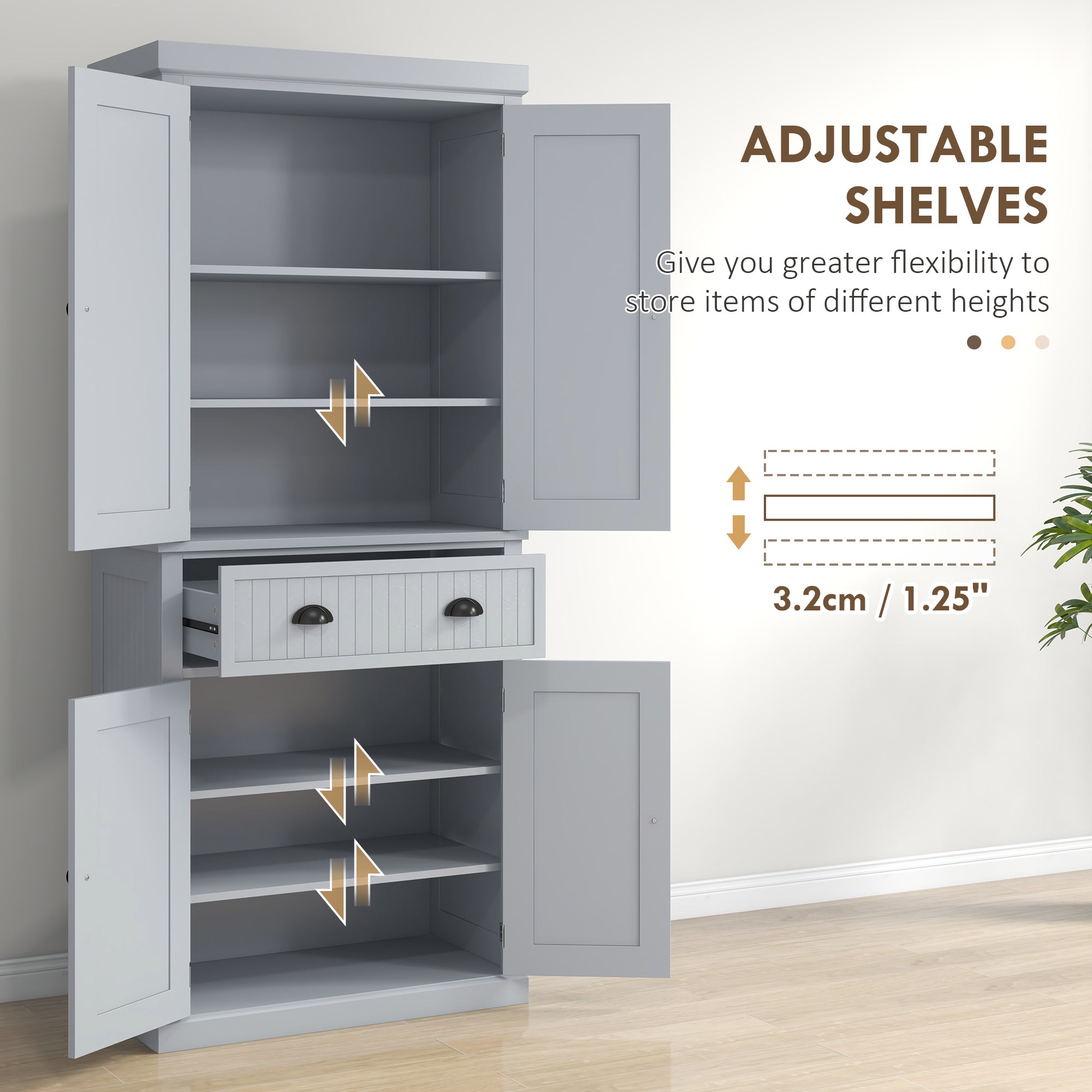 72" Traditional Kitchen Pantry Cabinet, Freestanding Tall Storage Cabinet with 4 Doors, Drawer and 3 Adjustable Shelves for Dining Room, Gray
