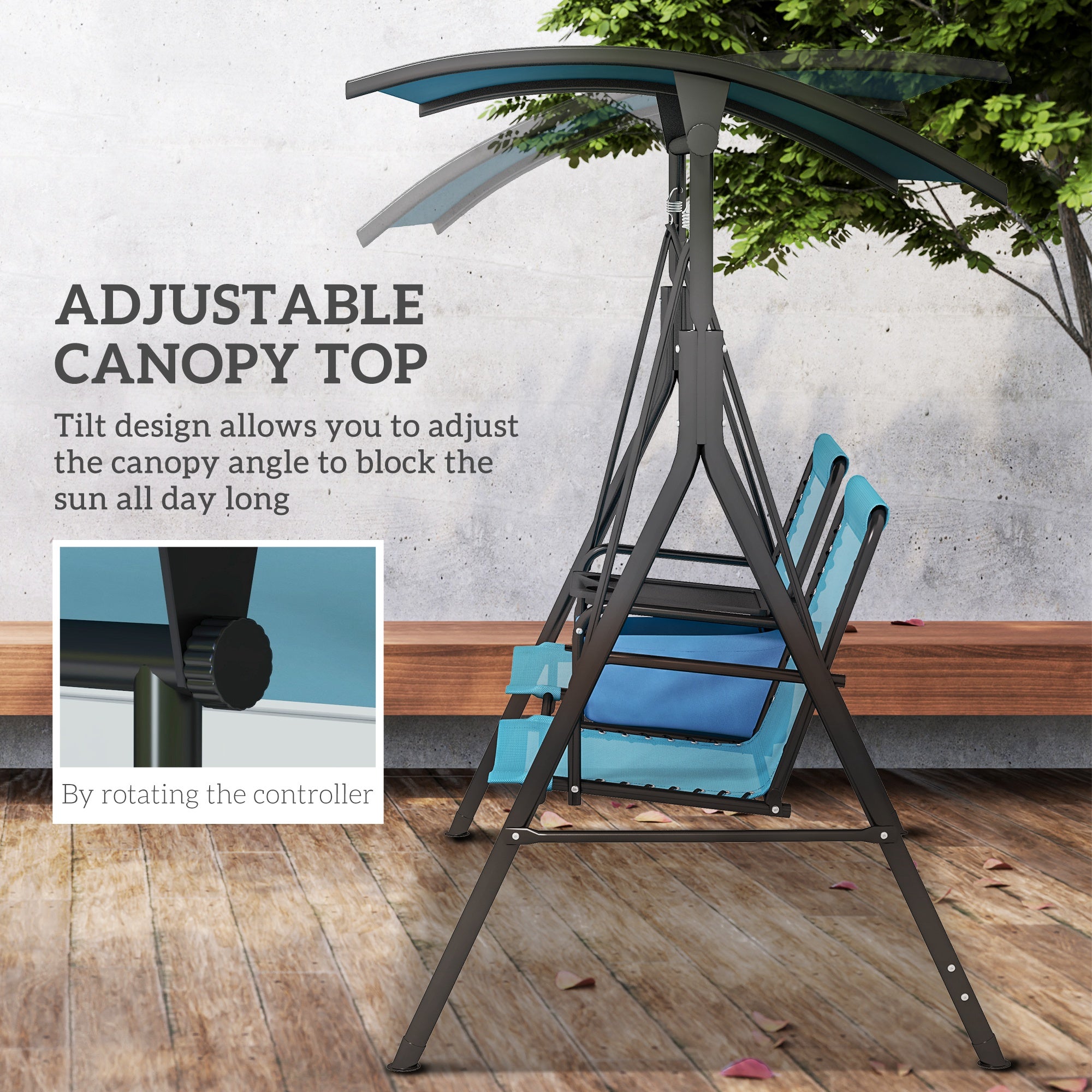 2 Person Porch Swing with Canopy, Storage Table, Cup Holder, Blue
