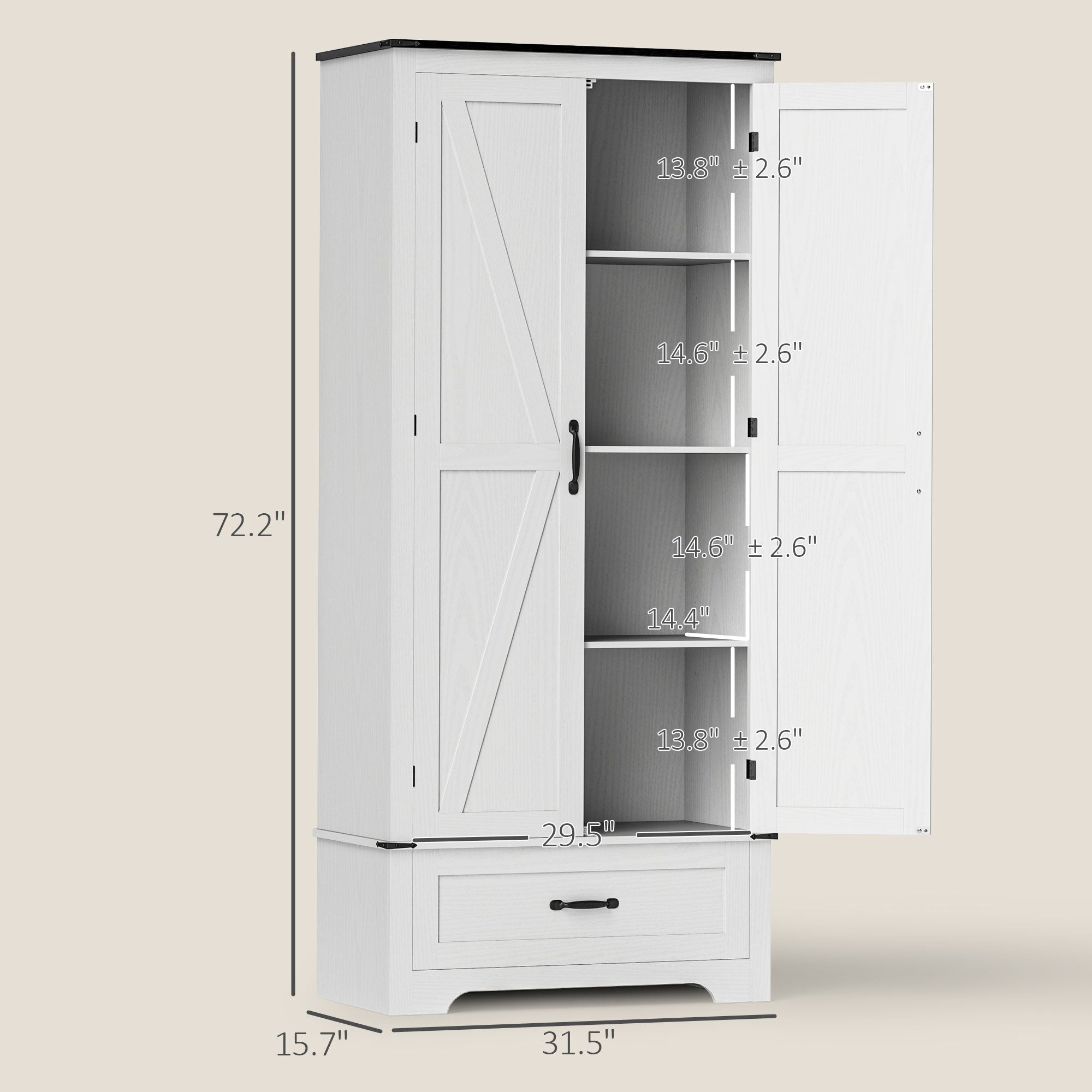 72" Farmhouse Pantry Cabinet with Adjustable Shelves, Kitchen Pantry Cabinet with 2 Doors, Distressed White