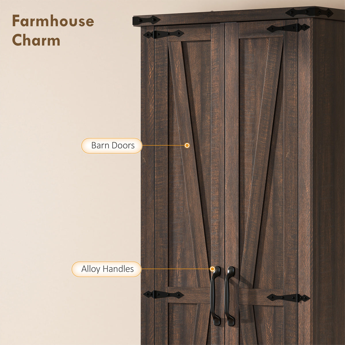71" Pantry Cabinet, Kitchen Storage Cabinet with Adjustable Shelves, Barn Doors and Drawer for Dining Room, Brown