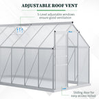 12' x 6' x 6.5' Polycarbonate Greenhouse with Aluminum Frame, Walk-in Heavy Duty Green House with Adjustable Roof Vent, Rain Gutter and Sliding Door for Winter, Silver