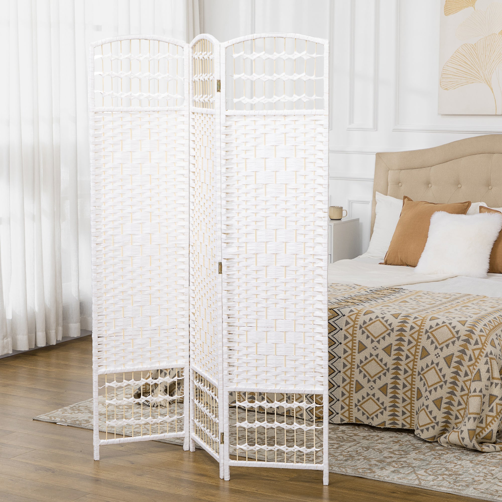 3 Panel Folding Room Divider Portable Privacy Screen Wave Fiber Room Partition for Home Office White
