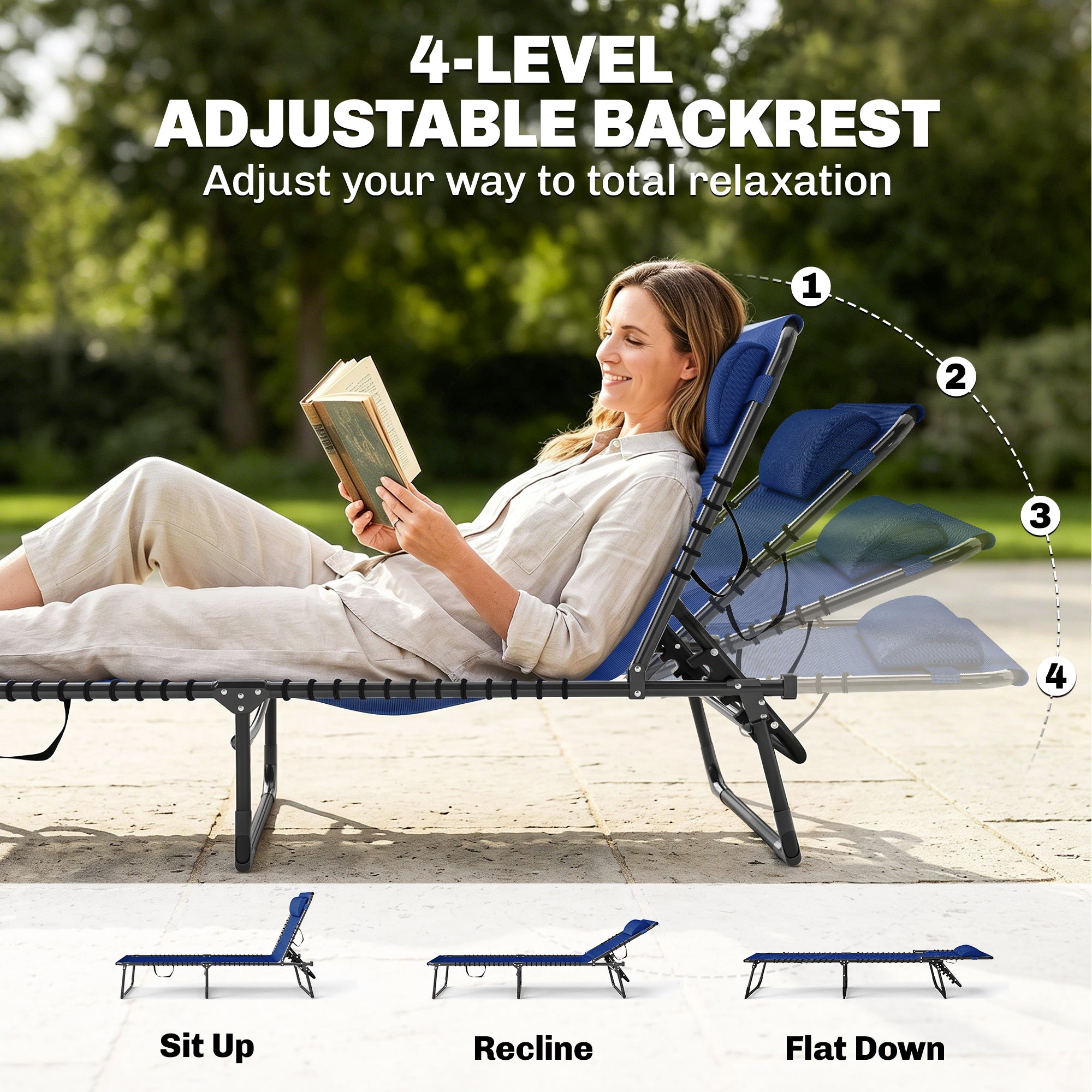 2 Folding Chaise Lounge Pool Chairs with 4-Position Reclining Back, Pillow, Breathable Mesh & Bungee Seat, Blue