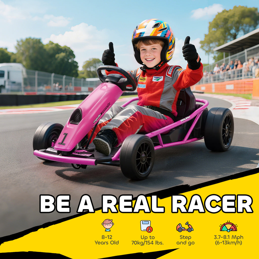 24V Electric Go Kart for Kids, Drift Ride-On Racing Go Kart with 2 Speeds, for Boys Girls Aged 8-12 Years Old, Pink
