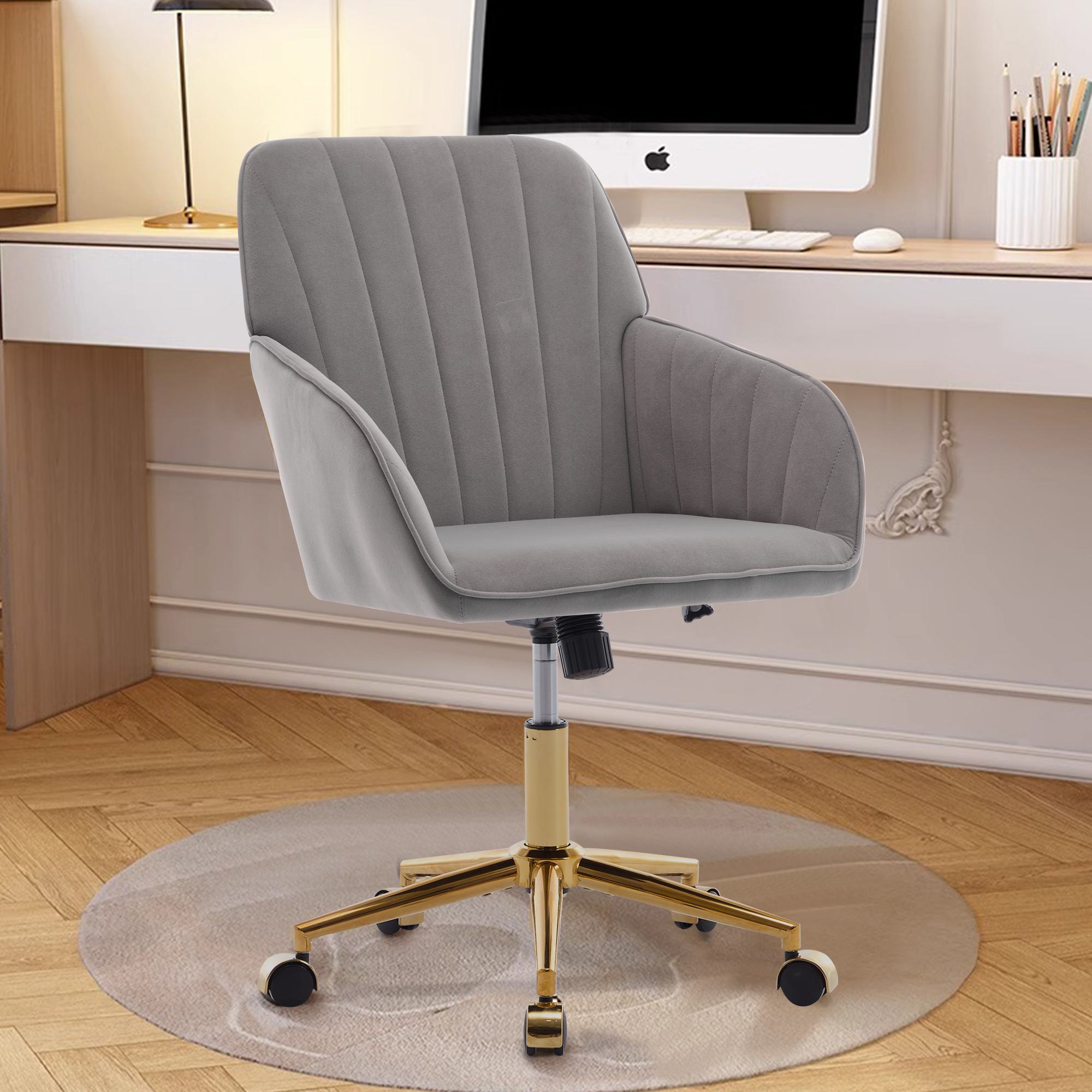 Adjustable Swivel Chair with Memory Foam Cushion and Lumbar Support, Ergonomic Office Chair with Golden Base, 25" L x 23" W x 38" H, Gray