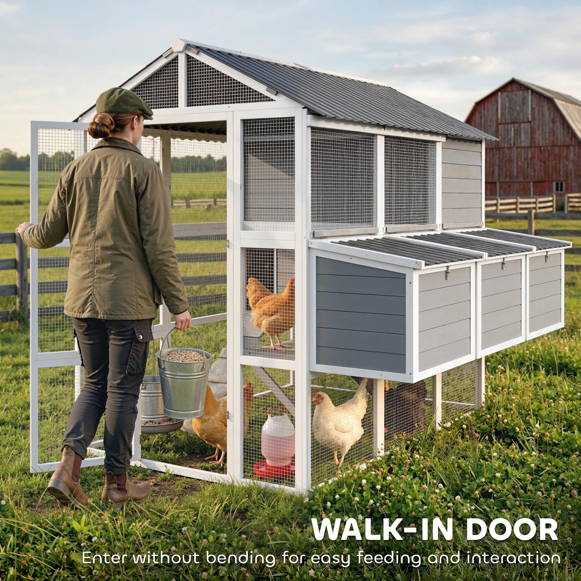 77" Large Chicken Coop for 6-8 Chickens, Outdoor Wooden Hen House Poultry Cage with Run, Nesting Boxes, Waterproof Roof