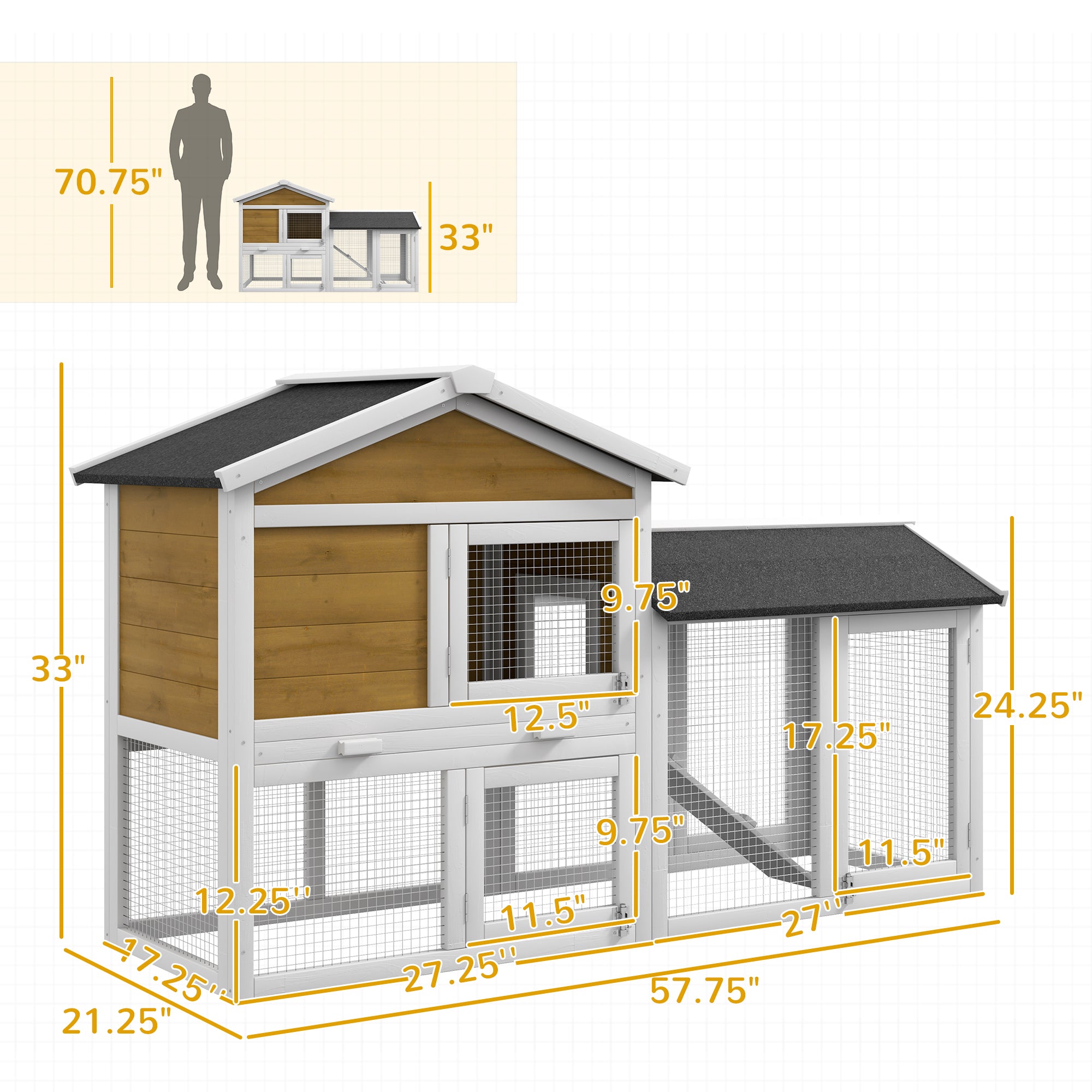 58" Wooden Rabbit Hutch with Run, Removable Tray, Asphalt Roof, Lockable Doors and Ramp, Nature Wood