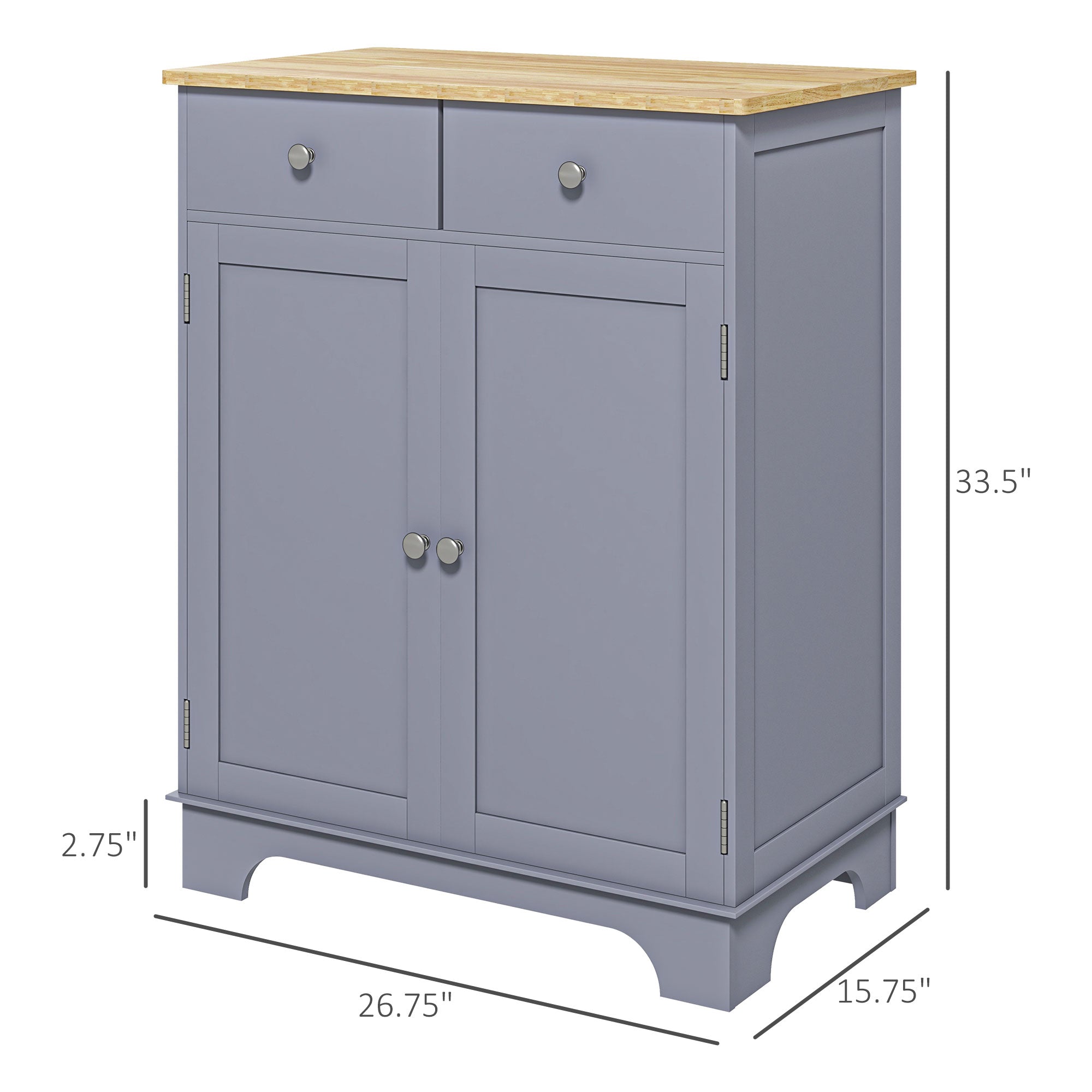 Kitchen Storage Cabinet, Sideboard Floor Cupboard with Solid Wood Top, Adjustable Shelf, and 2 Drawers, Gray
