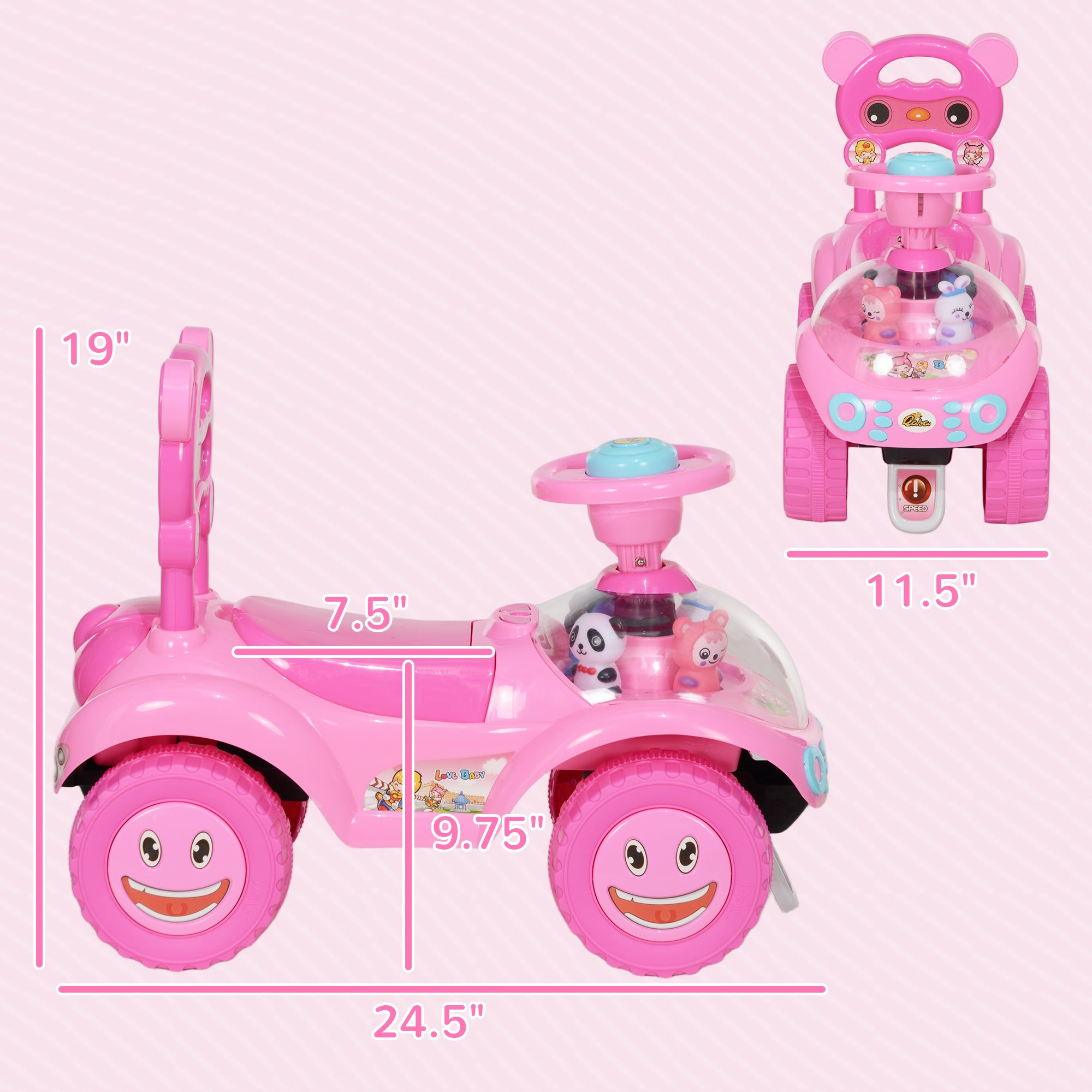 Foot to Floor Toddler Push Car w/ Horn, Light, Music, Anti-Over-Backwards Device & Underseat Storage, Pink