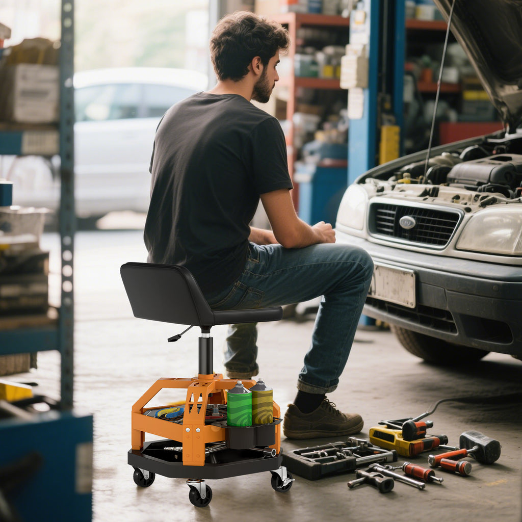 Rolling Creeper Garage Stool, 300 LBS Capacity Mechanic Stool with 360° Wheels, Tool Tray, Adjustable Height, Yellow
