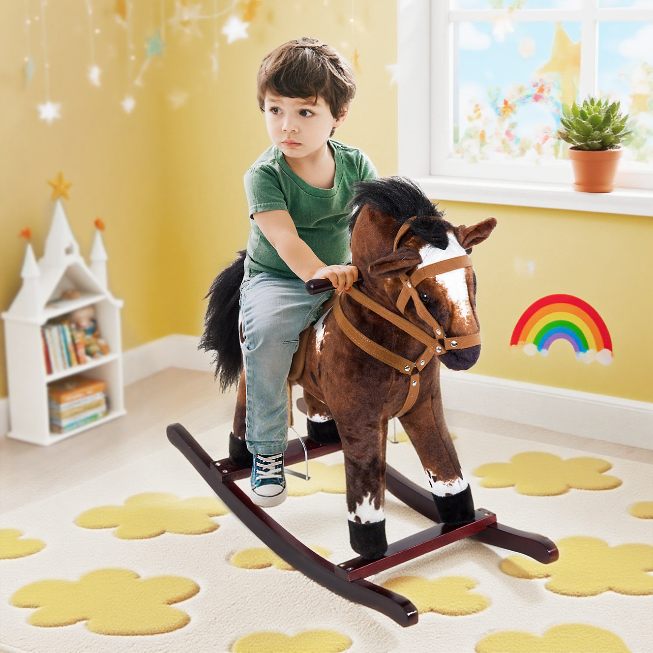 Kids Wooden Plush Ride-On Rocking Horse Chair Toy with Realistic Sounds Dark Brown/White