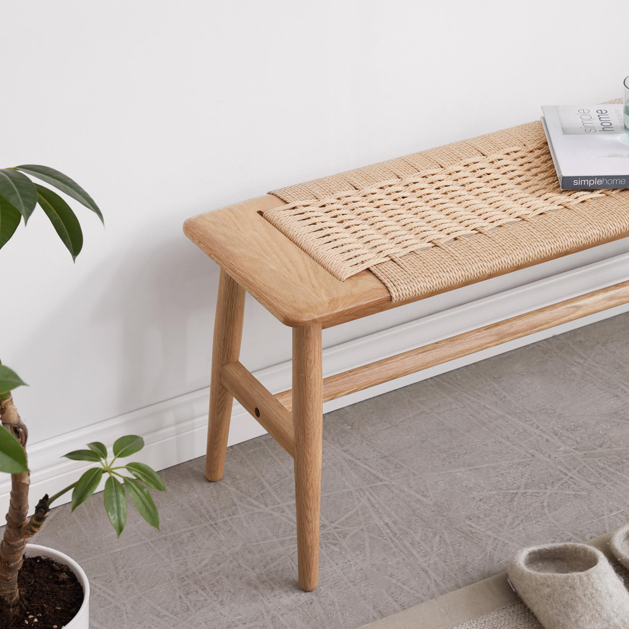 Solid Dining Bench with Handwoven Breathable Seat, Durable Wood Bench for Entryway or Dining, 43.5″ L x 12″ W x 16″ H, Oak