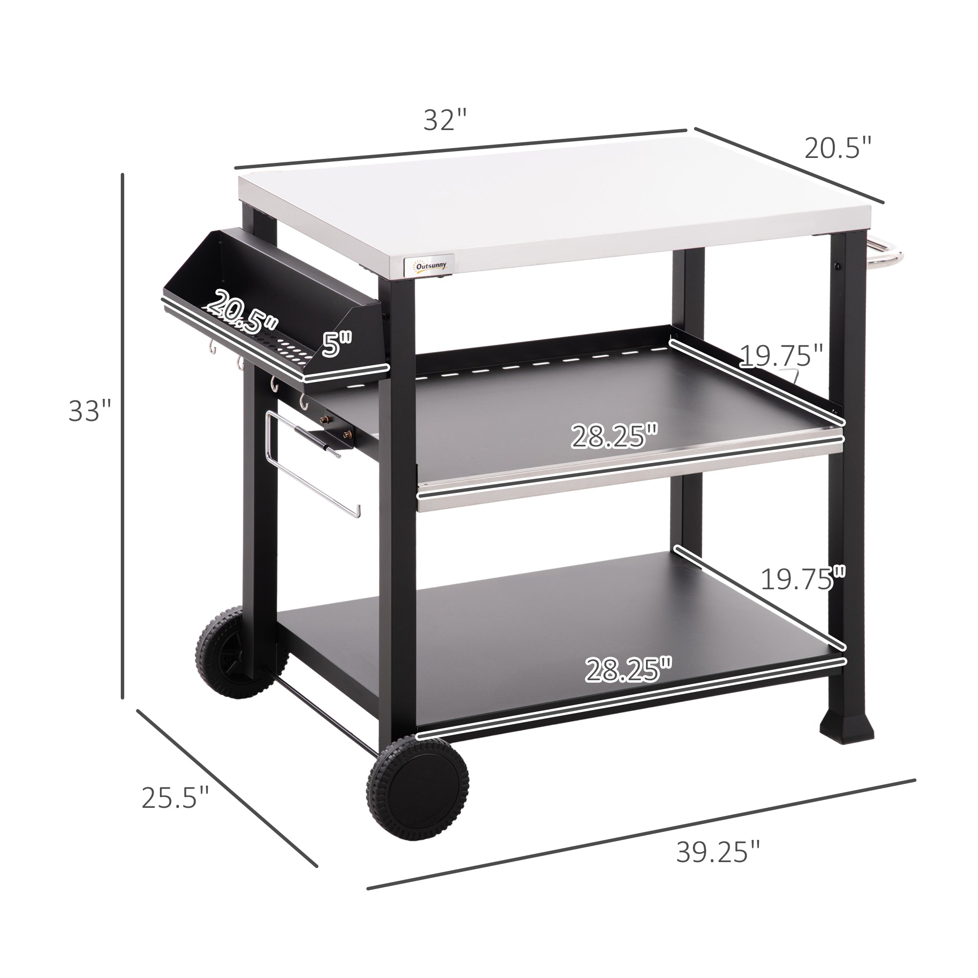 3-Shelf Outdoor Grill Cart Table with Side Handle, Stainless Steel Pizza Oven Stand on Wheels, Black