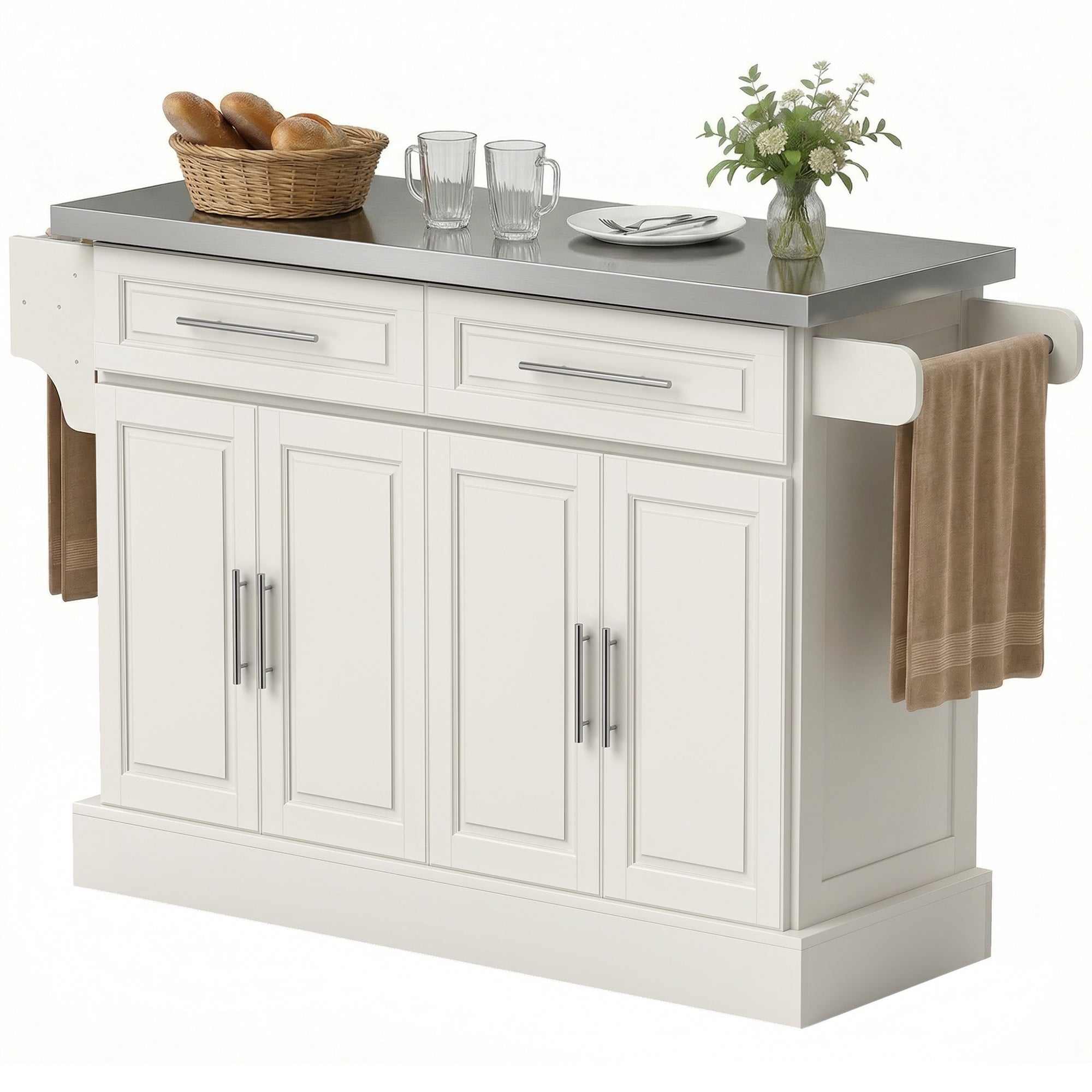Rolling Kitchen Island with Stainless Steel Top, 2 Drawers, Spice, Knife and Towel Rack and Cabinets, Cream White