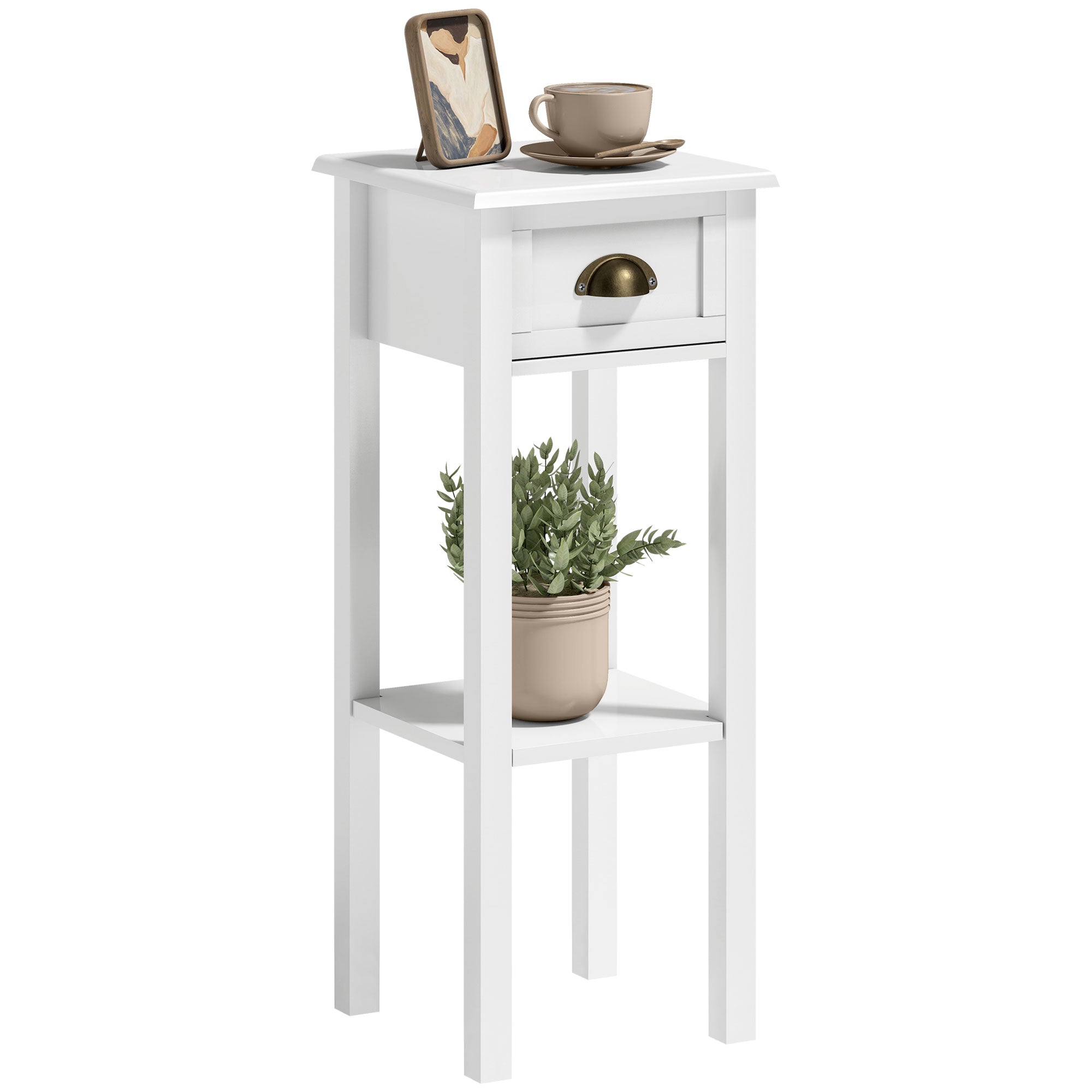 2-Tier Side Table with Drawer and Shelf, End Table for Living Room and Hallway, White