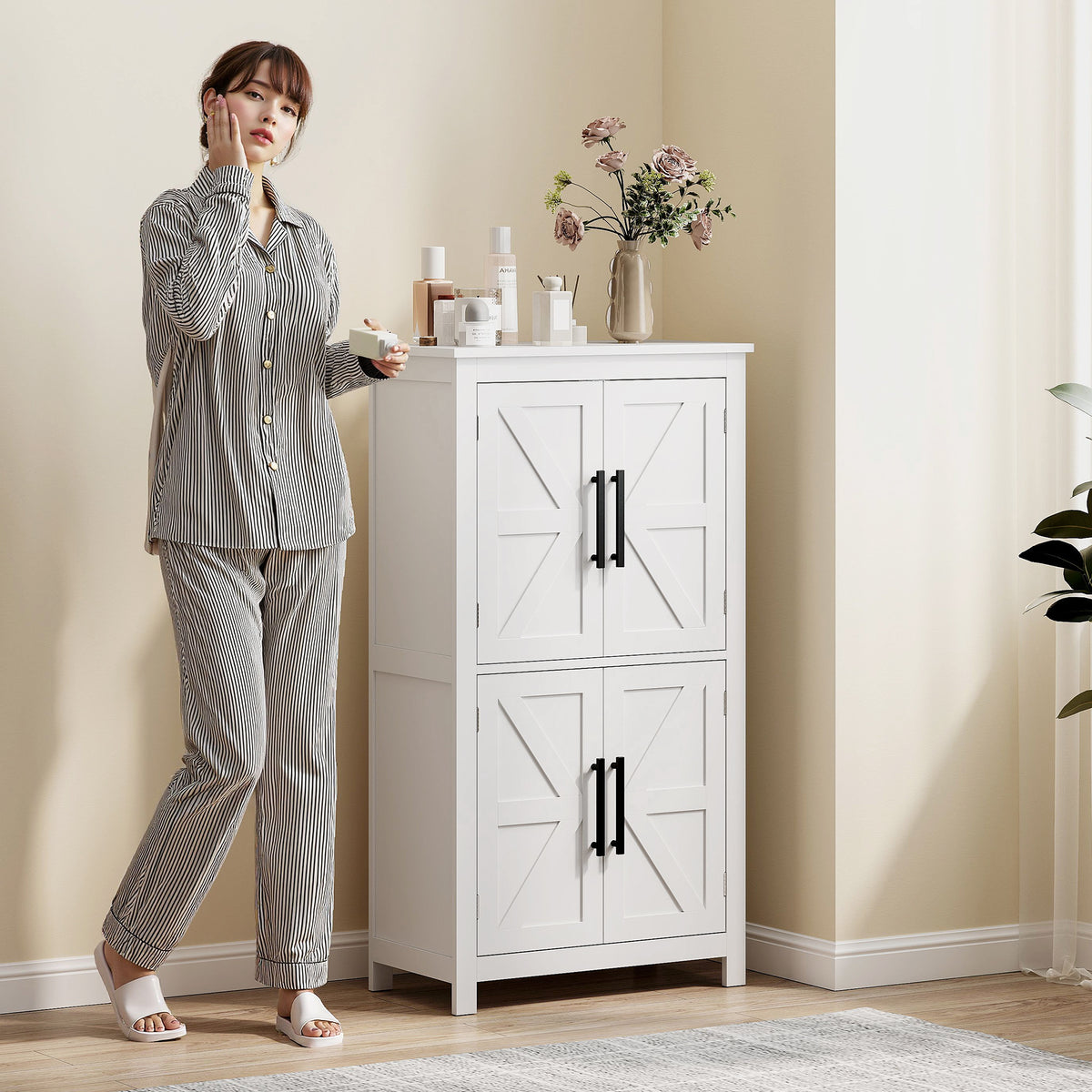 Bathroom Floor Storage Cabinet, Farmhouse Bathroom Cabinet with 4 Doors and Adjustable Shelf, White