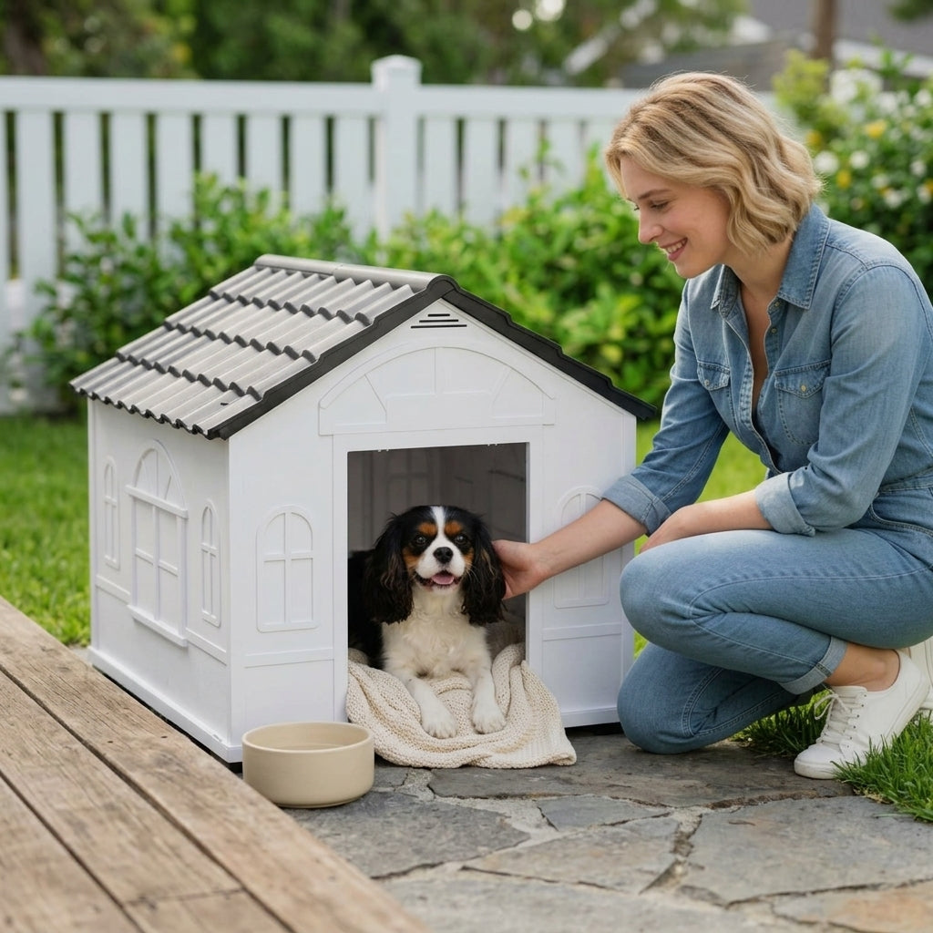 Pet House Water Resistant Puppy Shelter with Door for Indoor Outdoor, Easy to Assemble, for Small/Medium Dogs, Gray